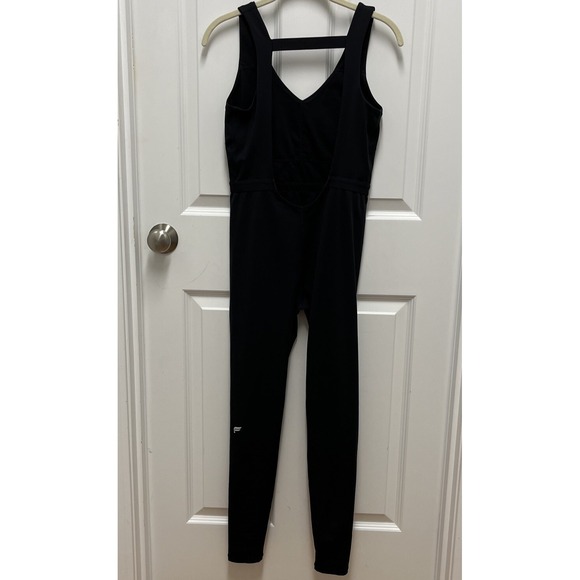 Fabletics Black Ribbed V Neck Cutout Back Athleisure Jumpsuit Leggings - Picture 7 of 11